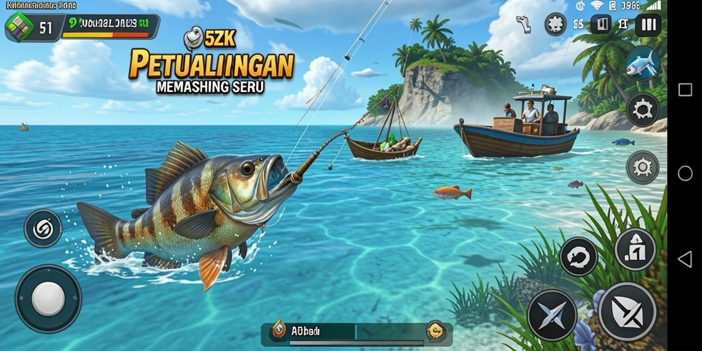 Tampilan utama gameplay 5ZK dengan aksi memancing yang seru.