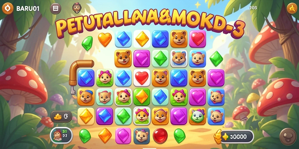 Tangkapan layar gameplay BARU01 menampilkan aksi mencocokkan permata yang seru.