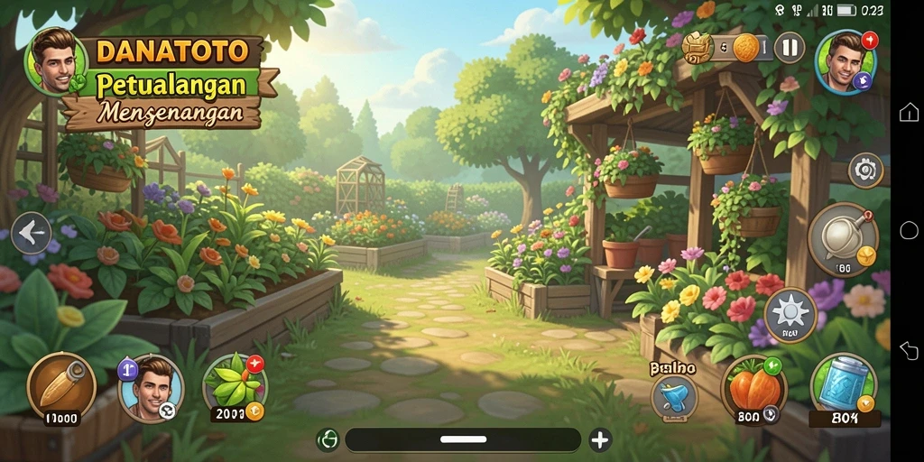 Screenshot menunjukkan pemain sedang memanen tanaman di ladang.