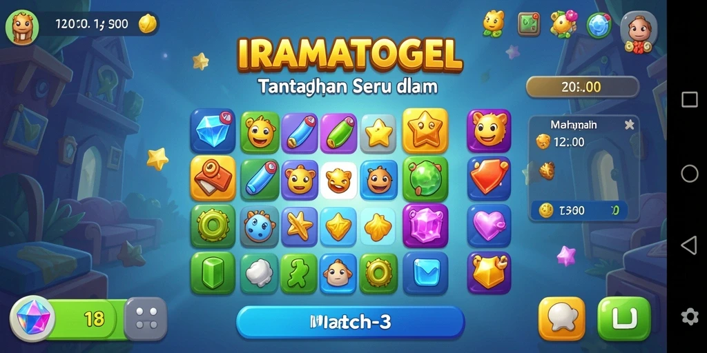 Tampilan gameplay seru dalam IRAMATOGEL dengan match-3 yang menarik.