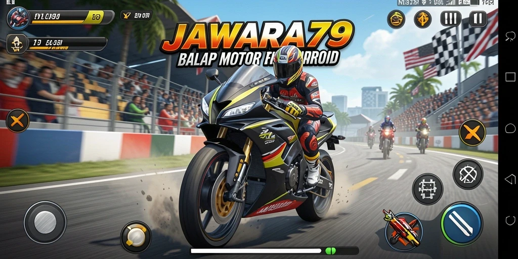 Tampilan gameplay seru JAWARA79 saat balapan motor di lintasan.