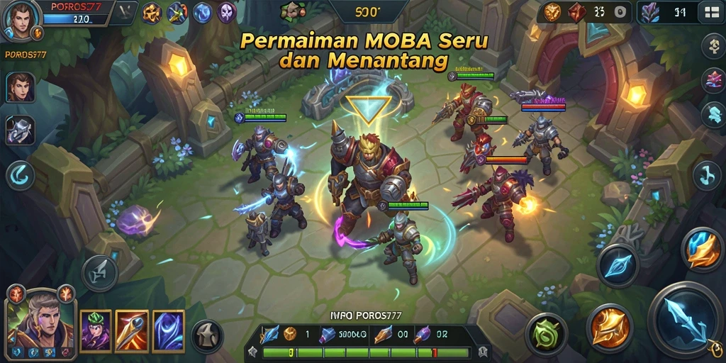 Tangkapan layar utama POROS77 menampilkan aksi pertarungan MOBA yang dinamis.