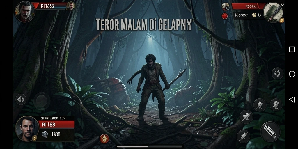 Screenshot utama RI188 menampilkan momen menegangkan saat menjelajah hutan gelap.