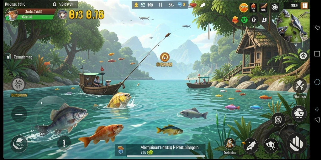 Gameplay V89 menampilkan aksi menangkap ikan yang mendebarkan dan interaksi sosial.