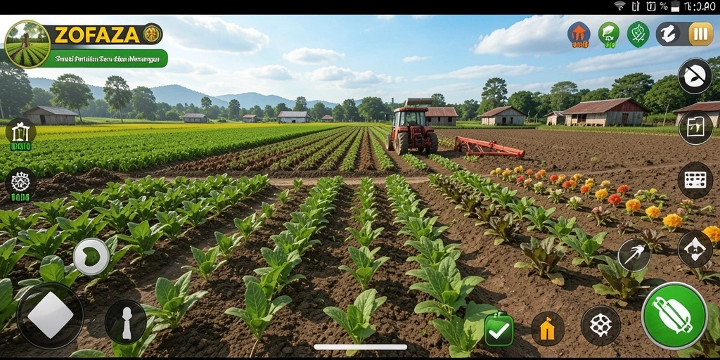 Screenshot gameplay ZOFAZA dengan tampilan pertanian yang menawan.